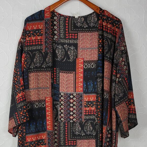 PinkBlush Womens‎ Kimono Cover Up Size L Black Brown Bandana Paisley Print Open - Picture 4 of 9